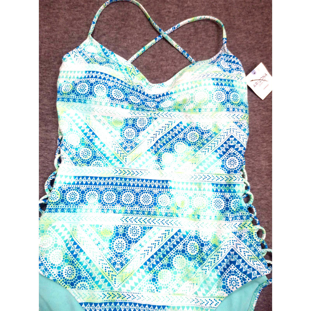 NWT Arizona Size S Blue Aqua Bohemian Tie Dye Strappy One Piece Swimsuit - Picture 2 of 7